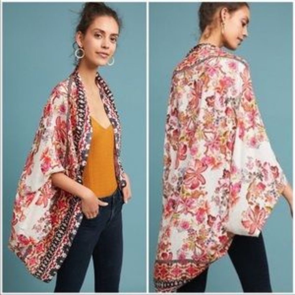 Anthropologie Floral Printed Kimono in White, Pink, Green